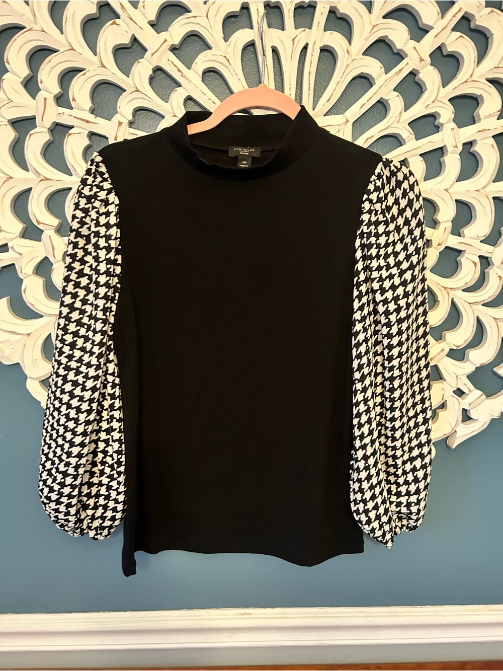 Ann Taylor Black Top with Black-and-White Houndstooth Puff Sleeves